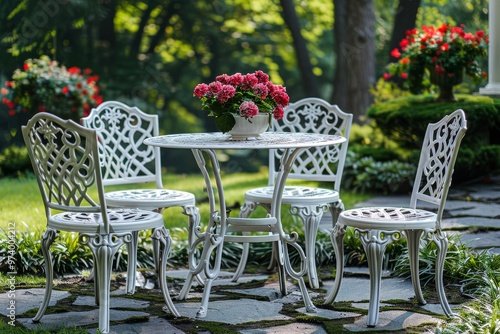 White Metal Outdoor Furniture Set with Floral Pattern in Front of Flower Beds and Green Grass, High Definition