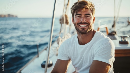 Smiling man enjoying a sunny day on a sailboat, with the ocean in the background, radiating happiness and relaxation.