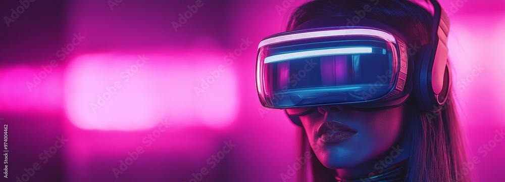 VR-goggled women in a neon environment VR-goggled women in a neon environment