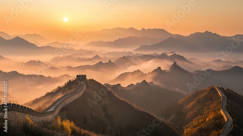 Stunning sunrise view over the Great Wall of China, surrounded by misty mountains and vibrant colors.