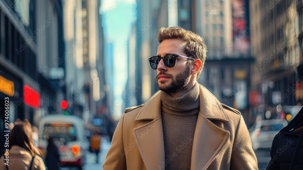 Stylish man in sunglasses walking on a busy city street, showcasing modern fashion and urban lifestyle in a vibrant city scene. Stylish man in sunglasses walking on a busy city street, showcasing modern fashion and urban lifestyle in a vibrant city scene.