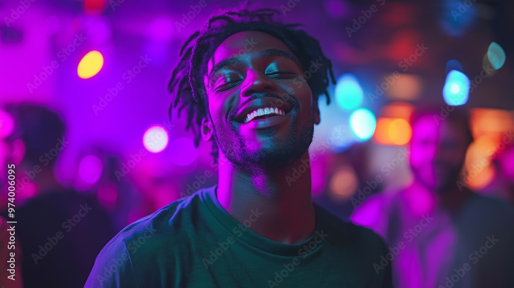 A young, multicultural man dressed in a chic black and green t-shirt dances against his pals and the deejay in a purple neon-lit nightclub. A young, multicultural man dressed in a chic black and green t-shirt dances against his pals and the deejay in a purple neon-lit nightclub.