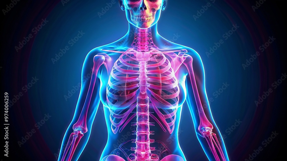A transparent woman's body appears as a skeleton in a vibrant pink and blue x-ray illustration, highlighting her A transparent woman's body appears as a skeleton in a vibrant pink and blue x-ray illustration, highlighting her