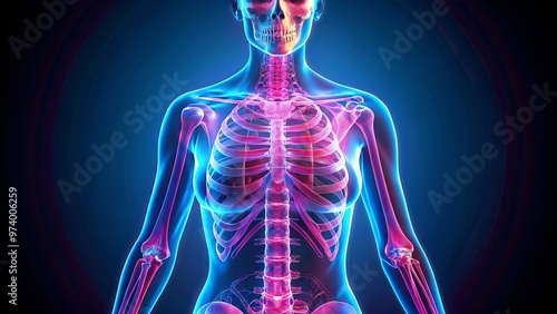 Wallpaper Mural A transparent woman's body appears as a skeleton in a vibrant pink and blue x-ray illustration, highlighting her Torontodigital.ca