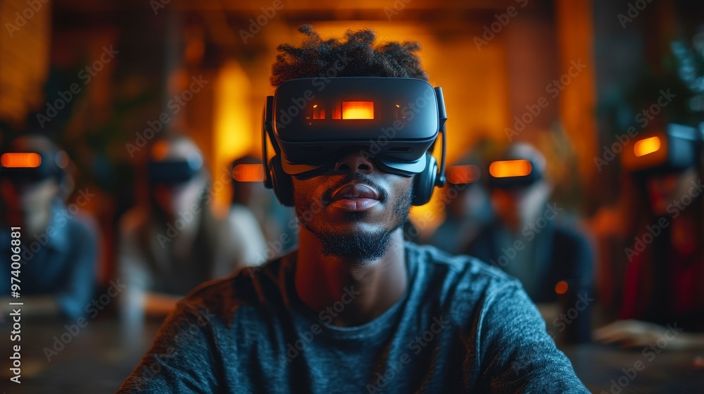 A group of individuals wearing virtual reality headsets, engaged in immersive experiences. A group of individuals wearing virtual reality headsets, engaged in immersive experiences.
