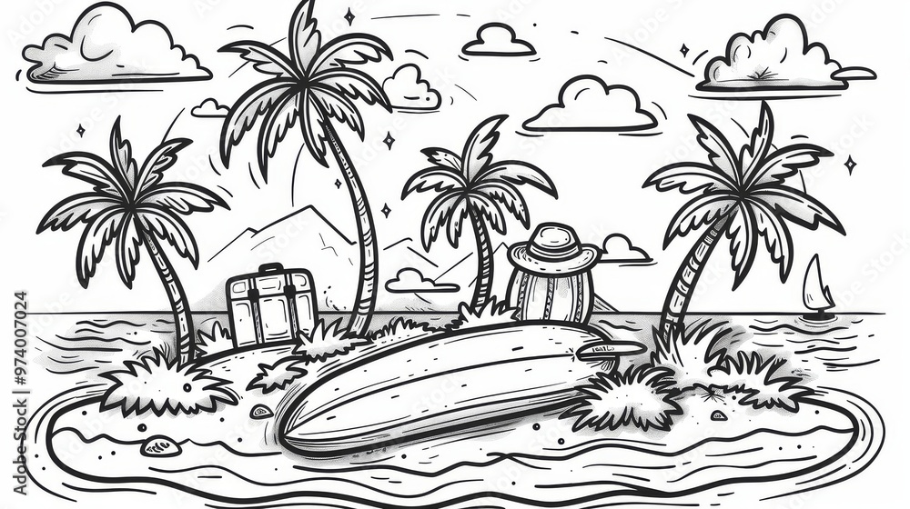 Black and White Line Art of a Tropical Island for Kids Coloring Page, Featuring Palm Trees, Surfboards, Luggage, Sun Hat, and Clouds Black and White Line Art of a Tropical Island for Kids Coloring Page, Featuring Palm Trees, Surfboards, Luggage, Sun Hat, and Clouds
