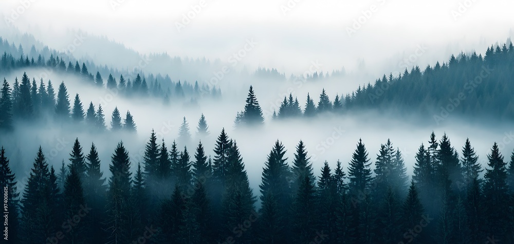 A dense forest enveloped in ethereal morning mist, with varying tree silhouettes creating an atmospheric calm.. Nature Weather Condition Concept A dense forest enveloped in ethereal morning mist, with varying tree silhouettes creating an atmospheric calm.. Nature Weather Condition Concept