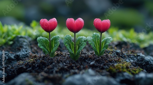 Fototapeta Naklejka Na Ścianę i Meble -  Three vibrant pink flowers with green leaves growing among rocks in a lush garden setting during early morning
