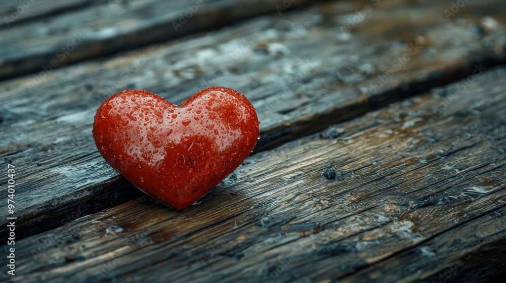 Fototapeta premium A vibrant red heart resting on a rain-soaked wooden surface with droplets glistening in natural light