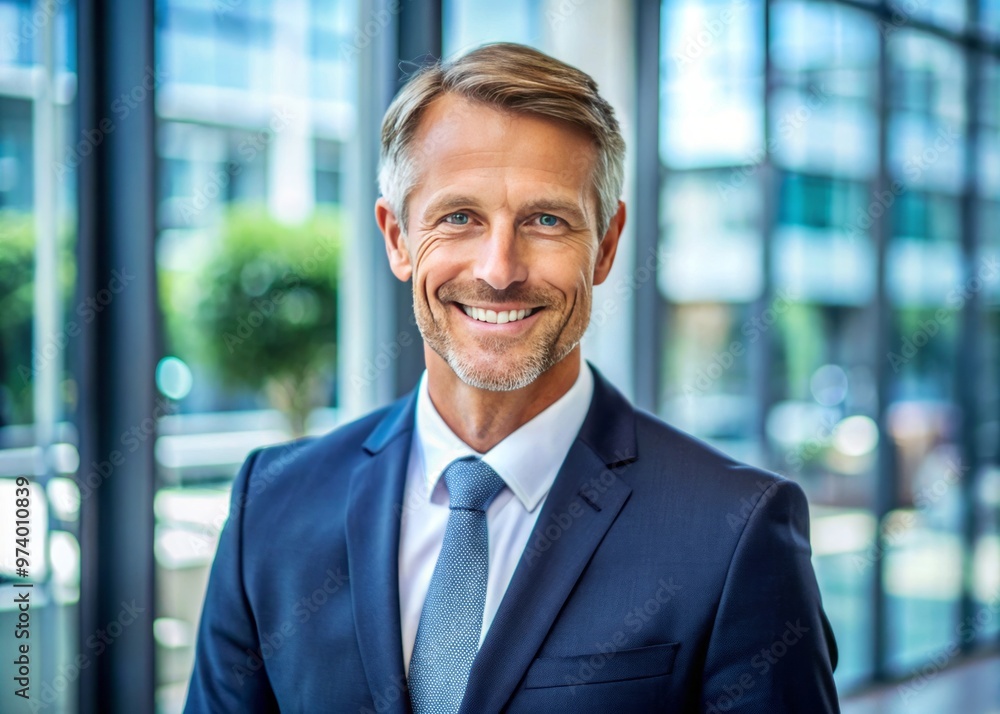 Attractive middle-aged male with short hair and gentle smile, wearing a formal suit, looking confident and professional Attractive middle-aged male with short hair and gentle smile, wearing a formal suit, looking confident and professional