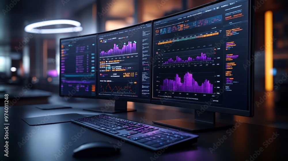 A modern workspace featuring multiple monitors displaying data visualizations and analytics. A modern workspace featuring multiple monitors displaying data visualizations and analytics.