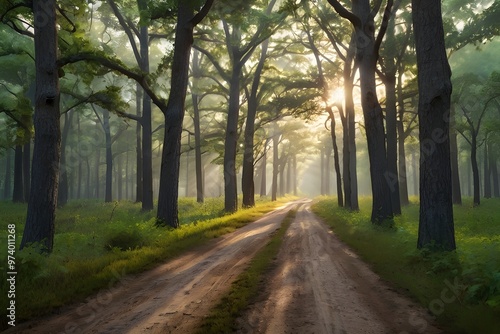 Dirt road through the oak forest in the morning Generative AI