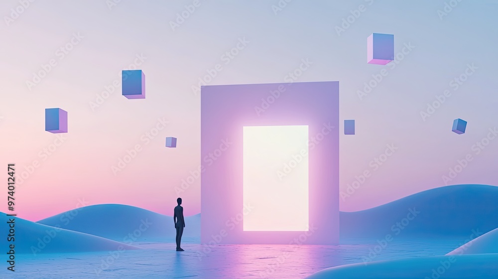 Futuristic Minimalist Scene with Glowing Door and Floating Cubes Futuristic Minimalist Scene with Glowing Door and Floating Cubes