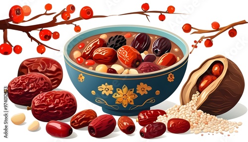 Laba Festival Porridge with Red Dates, Lotus Seeds, and Dried Fruits in a Colorful Vector Illustration photo