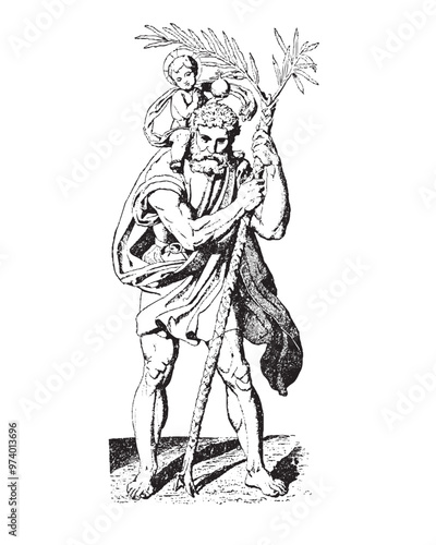 Cuadro en lienzo Saint Christopher and Child Jesus Vector Catholic religious Illustration