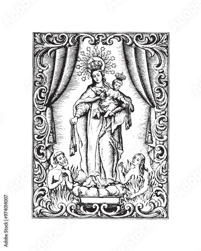 Our Lady of Mount Carmel Illustration Virgin Mary and Child Jesus Catholic religious vector