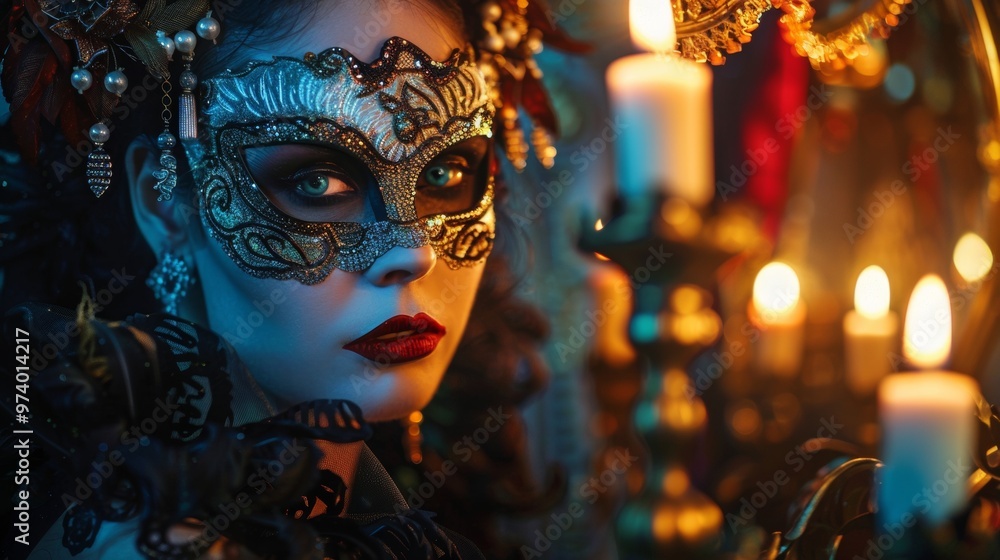 Close-up of a woman wearing a detailed masquerade mask in candlelight Close-up of a woman wearing a detailed masquerade mask in candlelight