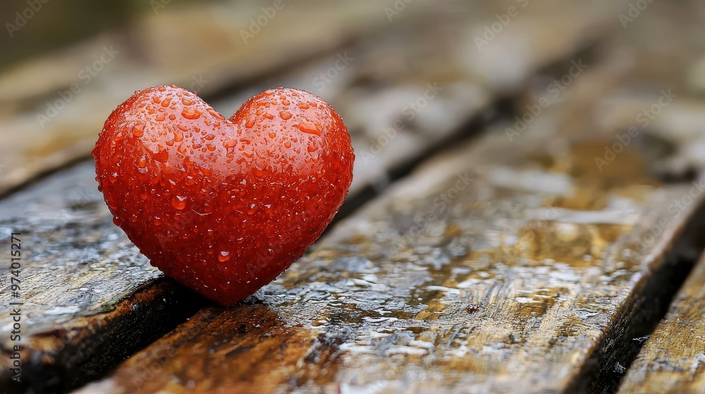 Fototapeta premium A shining red heart resting on wet wooden planks after a refreshing rain shower in a tranquil outdoor setting