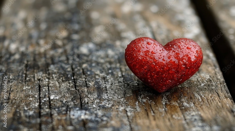 Fototapeta premium A small red heart shaped object resting on an old wooden surface with droplets of water highlighting its texture and color