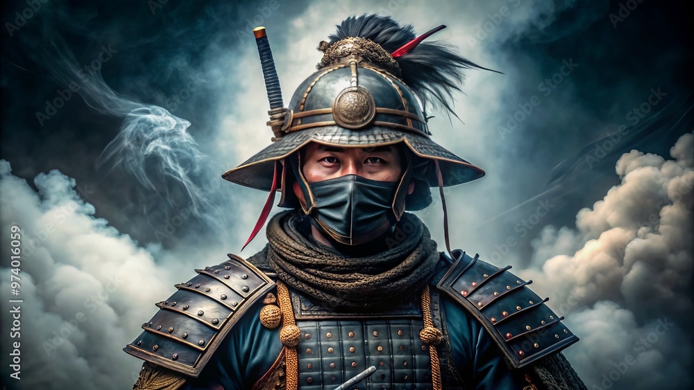 Fototapeta premium Authentic Japanese armor adorns a stoic warrior, ornate helmet and mask concealing their face, amidst a subtle misty