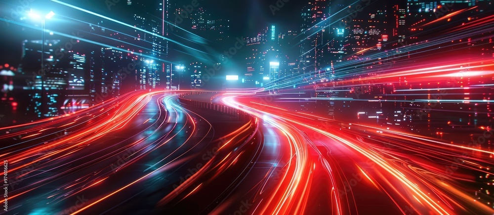 Vibrant Futuristic Cityscape with Luminous Traffic Trails and Surging Vehicular Movement Vibrant Futuristic Cityscape with Luminous Traffic Trails and Surging Vehicular Movement