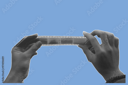 close up of hand holding 35mm film negative pixelate grayscale color halftone dotted texture style collage element isolated on blue background