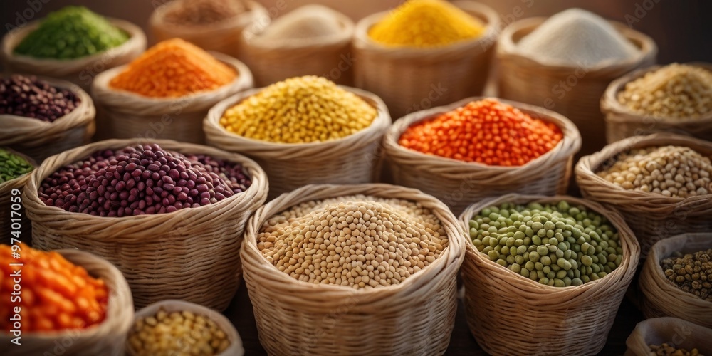 Collection of Organic Legumes and Seeds in Baskets. Collection of Organic Legumes and Seeds in Baskets.
