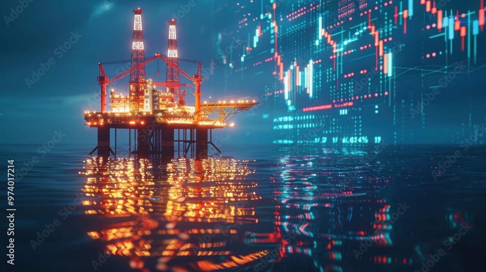 An offshore oil platform illuminated at night with reflected lights on water and a backdrop of stock market charts An offshore oil platform illuminated at night with reflected lights on water and a backdrop of stock market charts
