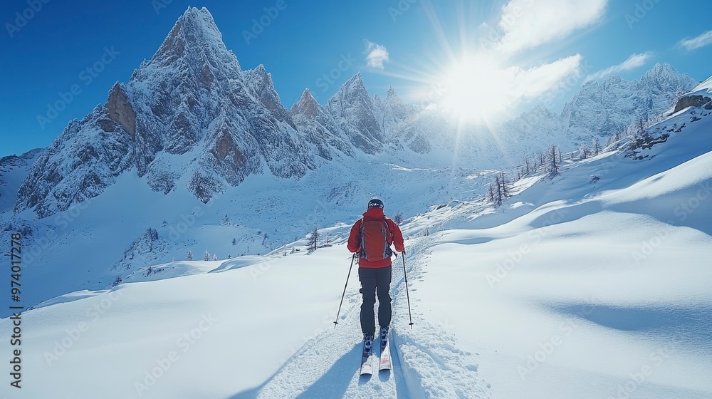 A skier traverses a snowy landscape under a bright sun, surrounded by majestic mountains. A skier traverses a snowy landscape under a bright sun, surrounded by majestic mountains.