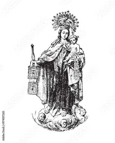 Our Lady of Mount Carmel Illustration Virgin Mary and Child Jesus Catholic religious vector
