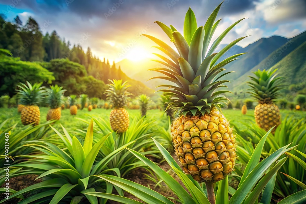 A vibrant ananas fruit tree stands tall in a lush green landscape, its bright yellow fruit ripening under A vibrant ananas fruit tree stands tall in a lush green landscape, its bright yellow fruit ripening under