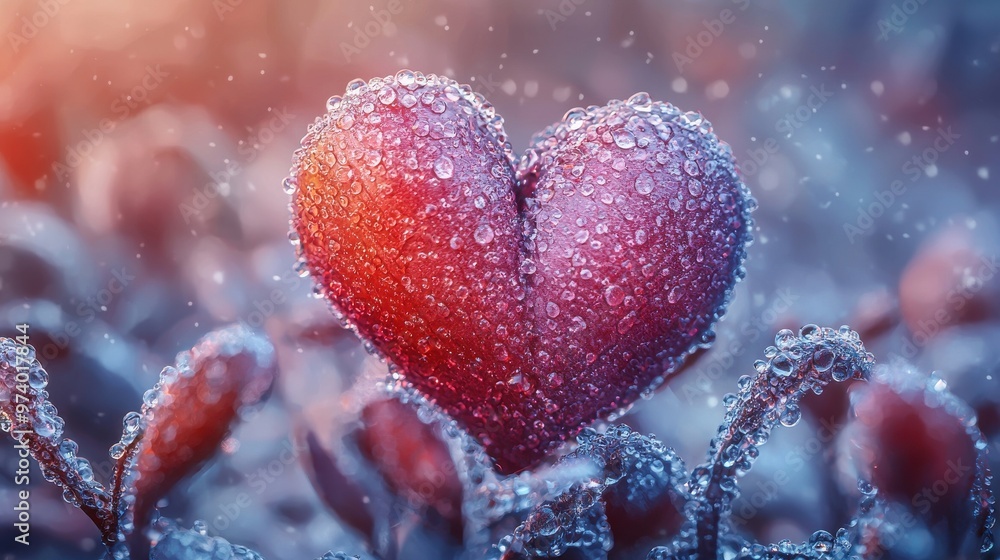 A vivid heart-shaped decoration covered in dew rests among greenery in a serene, colorful garden during the early morning hours A vivid heart-shaped decoration covered in dew rests among greenery in a serene, colorful garden during the early morning hours