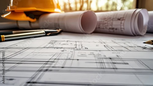 A close-up of architectural blueprints with a pencil and rolled plans in the background.