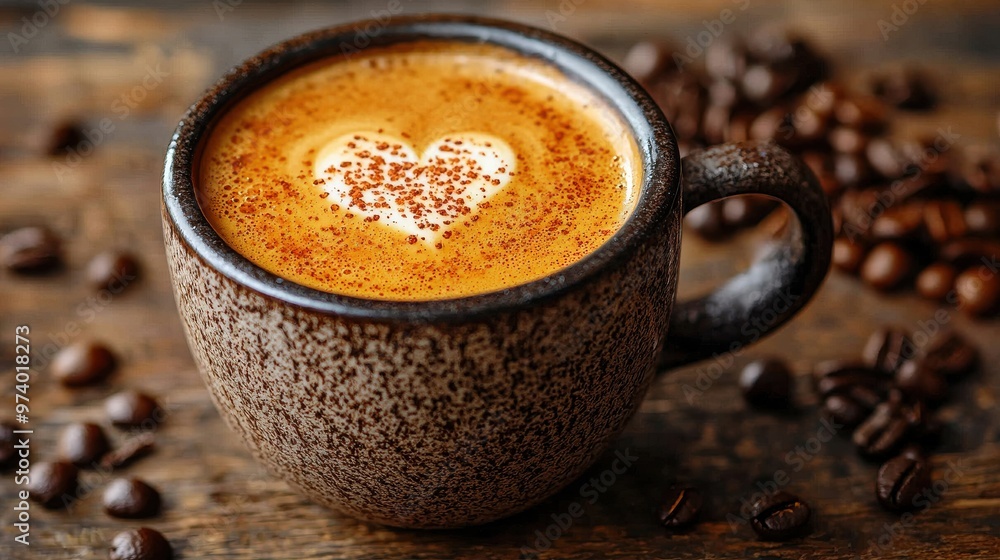 A cozy cup of coffee with heart-shaped latte art on a rustic wooden table surrounded by roasted coffee beans A cozy cup of coffee with heart-shaped latte art on a rustic wooden table surrounded by roasted coffee beans