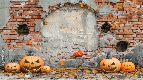 Jack-o'-lanterns arranged against a damaged brick wall with fallen leaves photo