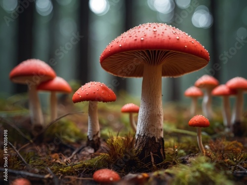 A forest with a large number of red mushrooms growing on the ground.