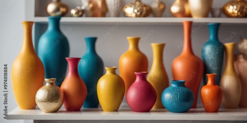 A shelf full of various vases and other decorative items. A shelf full of various vases and other decorative items.