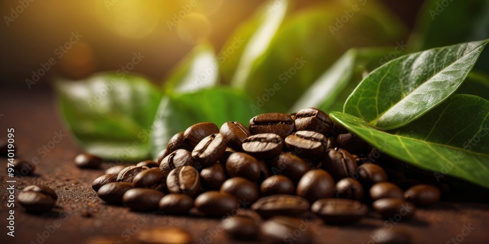 Fototapeta premium Fresh coffee beans with green leaf on rusty background.