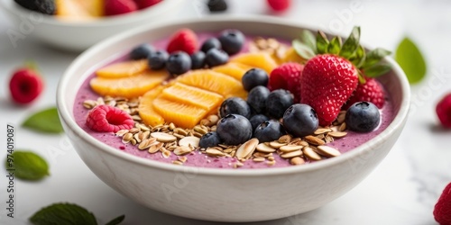 Vegan concept Close up view of a berry smoothie bowl with toppings on a white marble background. photo