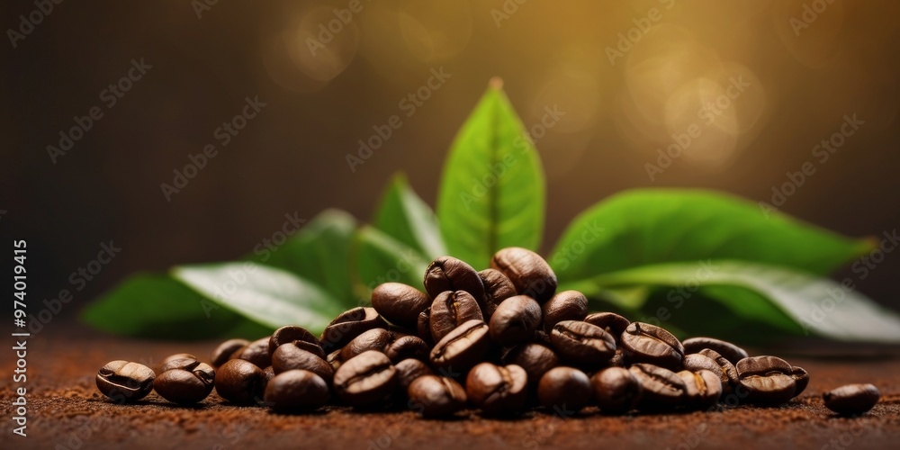 Fototapeta premium Fresh coffee beans with green leaf on rusty background.