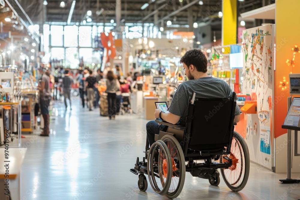 A motorized wheelchair user attends a science fair, exploring innovative projects at various booths in a lively venue with excited students and interactive exhibits A motorized wheelchair user attends a science fair, exploring innovative projects at various booths in a lively venue with excited students and interactive exhibits