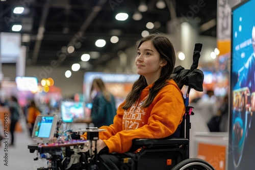 A motorized wheelchair user attends a science fair, exploring innovative projects at various booths in a lively venue with excited students and interactive exhibits