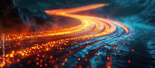 Glowing trail of luminous motion cutting through a futuristic urban landscape with streaks of light and energy pulsing through the dynamic cityscape  A mesmerizing and captivating scene of progress