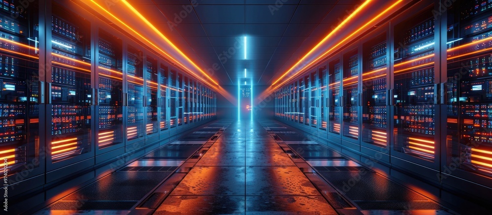 Dramatic and mesmerizing futuristic digital corridor with glowing neon lights server racks and infinite symmetrical hallway creating a powerful and cutting edge atmosphere Dramatic and mesmerizing futuristic digital corridor with glowing neon lights server racks and infinite symmetrical hallway creating a powerful and cutting edge atmosphere