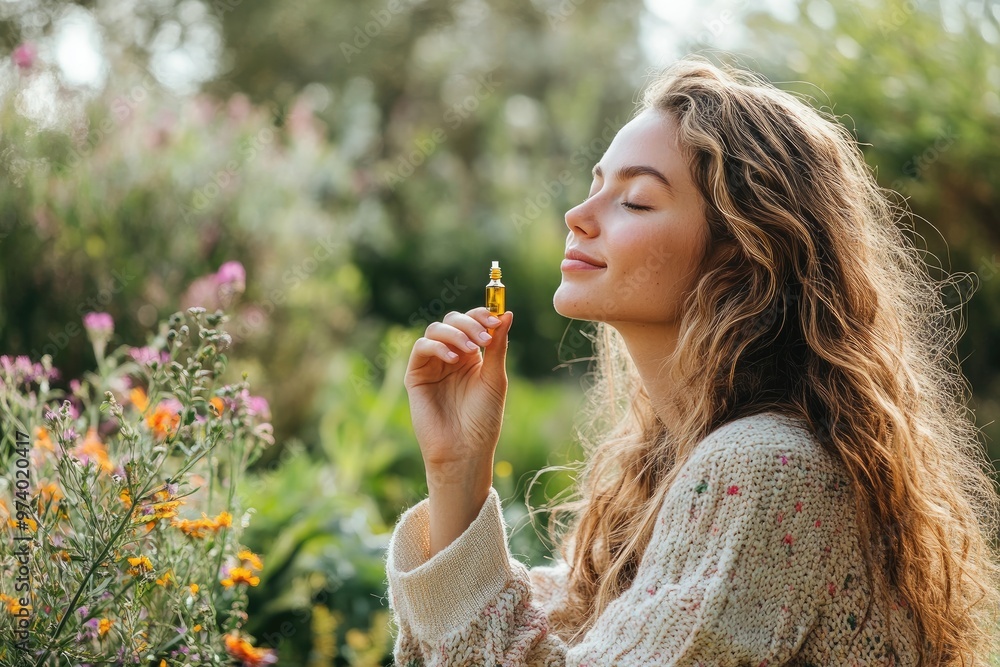 A young woman sitting in her garden, taking a drop of herbal oil while enjoying the tranquility of nature, focusing on relaxation and self-care. A young woman sitting in her garden, taking a drop of herbal oil while enjoying the tranquility of nature, focusing on relaxation and self-care.