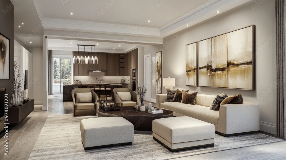 Contemporary living room with neutral tones, plush furniture, and an open-concept design, accented by modern artwork. Contemporary living room with neutral tones, plush furniture, and an open-concept design, accented by modern artwork.
