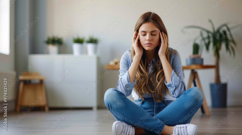 A young woman sitting cross-legged on the floor with her hands on her temples, appearing stressed and deep in thought. A young woman sitting cross-legged on the floor with her hands on her temples, appearing stressed and deep in thought.
