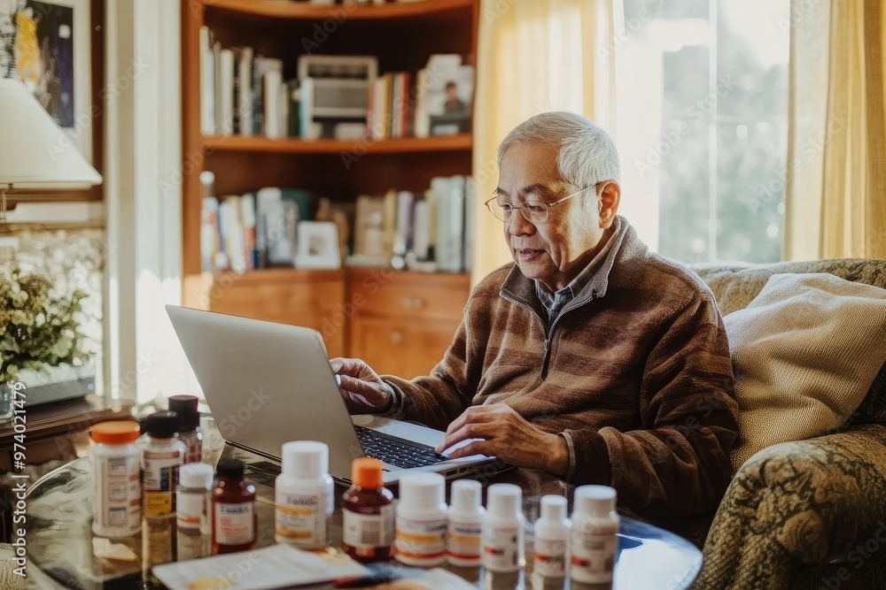 A senior patient uses a laptop for a telehealth consultation as the doctor explains medication, with the patient sitting comfortably in their living room, blending modern A senior patient uses a laptop for a telehealth consultation as the doctor explains medication, with the patient sitting comfortably in their living room, blending modern