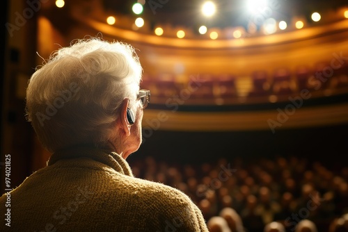 A person with a hearing aid watches a theater performance, immersed in the scene with the stage illuminated and the audience quietly captivated