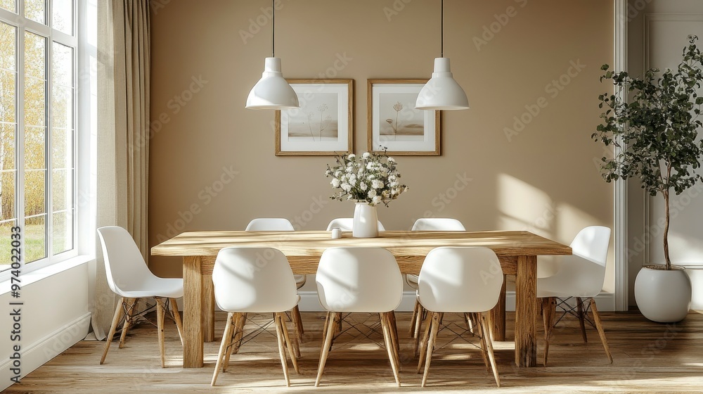 Modern dining room with a wooden table, white chairs, and decorative elements. Modern dining room with a wooden table, white chairs, and decorative elements.